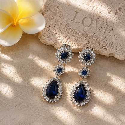 Navy Crystal and Silver-Plated Hola Drop Earrings, silver drop earrings for women, botanical inspired, lifestyle look