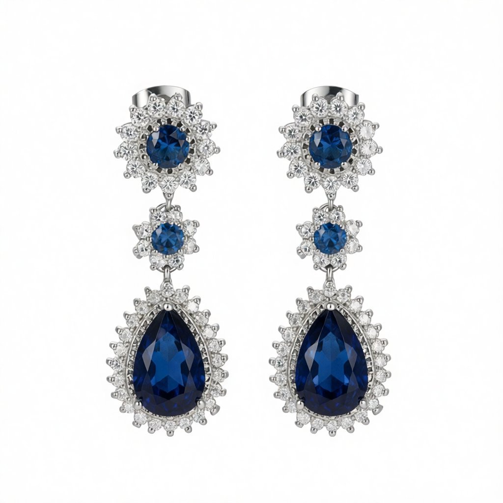 Navy Crystal and Silver-Plated Hola Drop Earrings, silver drop earrings for women, botanical inspired, side view