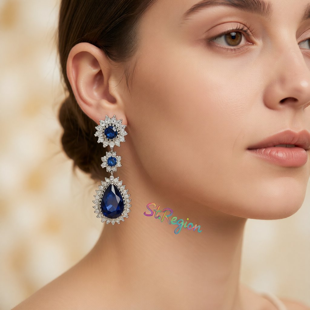 Navy Crystal and Silver-Plated Hola Drop Earrings, silver drop earrings for women, botanical inspired, styled look