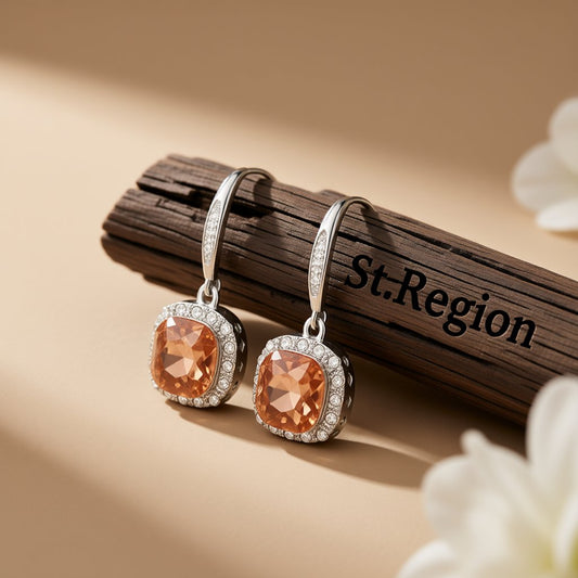 Champagne Crystal and Silver-Plated Princess-Cut Drop Earrings, silver drop earrings for women, front view