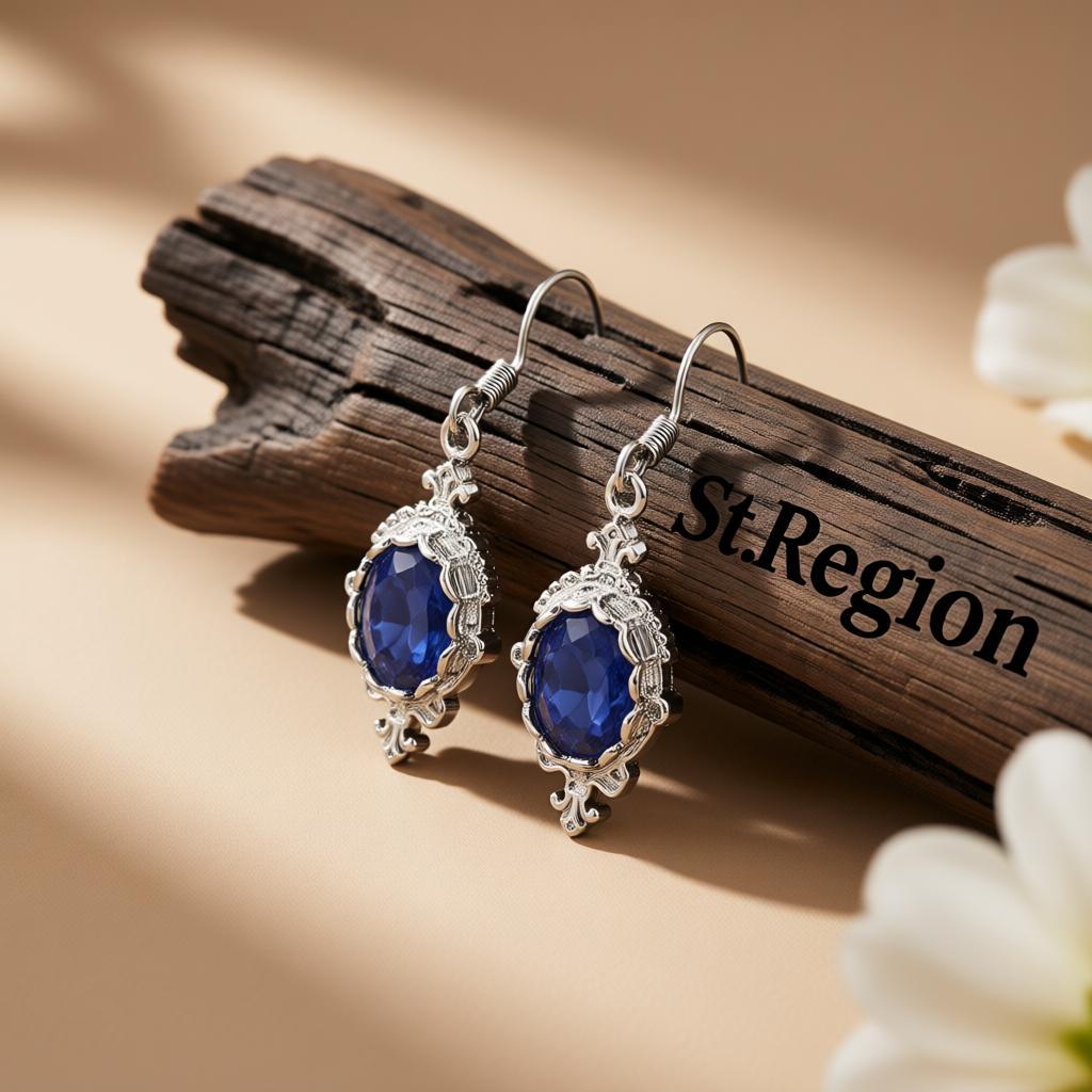 Blue Crystal and Silver-Plated Oval Engraved Drop Earrings, silver drop earrings for women, front view
