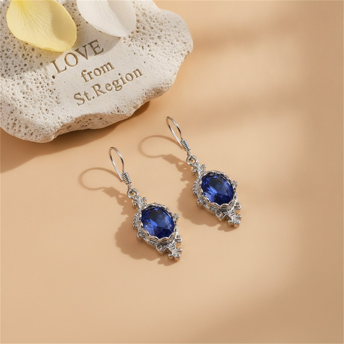 Blue Crystal and Silver-Plated Oval Engraved Drop Earrings, silver drop earrings for women, lifestyle look
