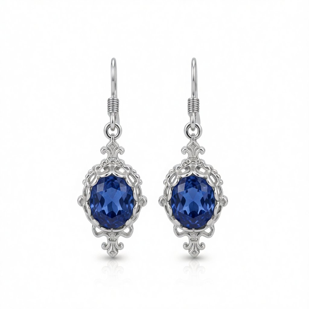 Blue Crystal and Silver-Plated Oval Engraved Drop Earrings, silver drop earrings for women, side view