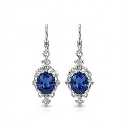 Blue Crystal and Silver-Plated Oval Engraved Drop Earrings, silver drop earrings for women, side view