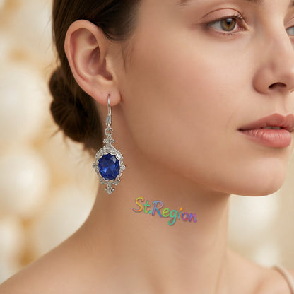 Blue Crystal and Silver-Plated Oval Engraved Drop Earrings, silver drop earrings for women, styled look