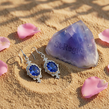 Blue Crystal and Silver-Plated Oval Engraved Drop Earrings, silver drop earrings for women, detail close-up