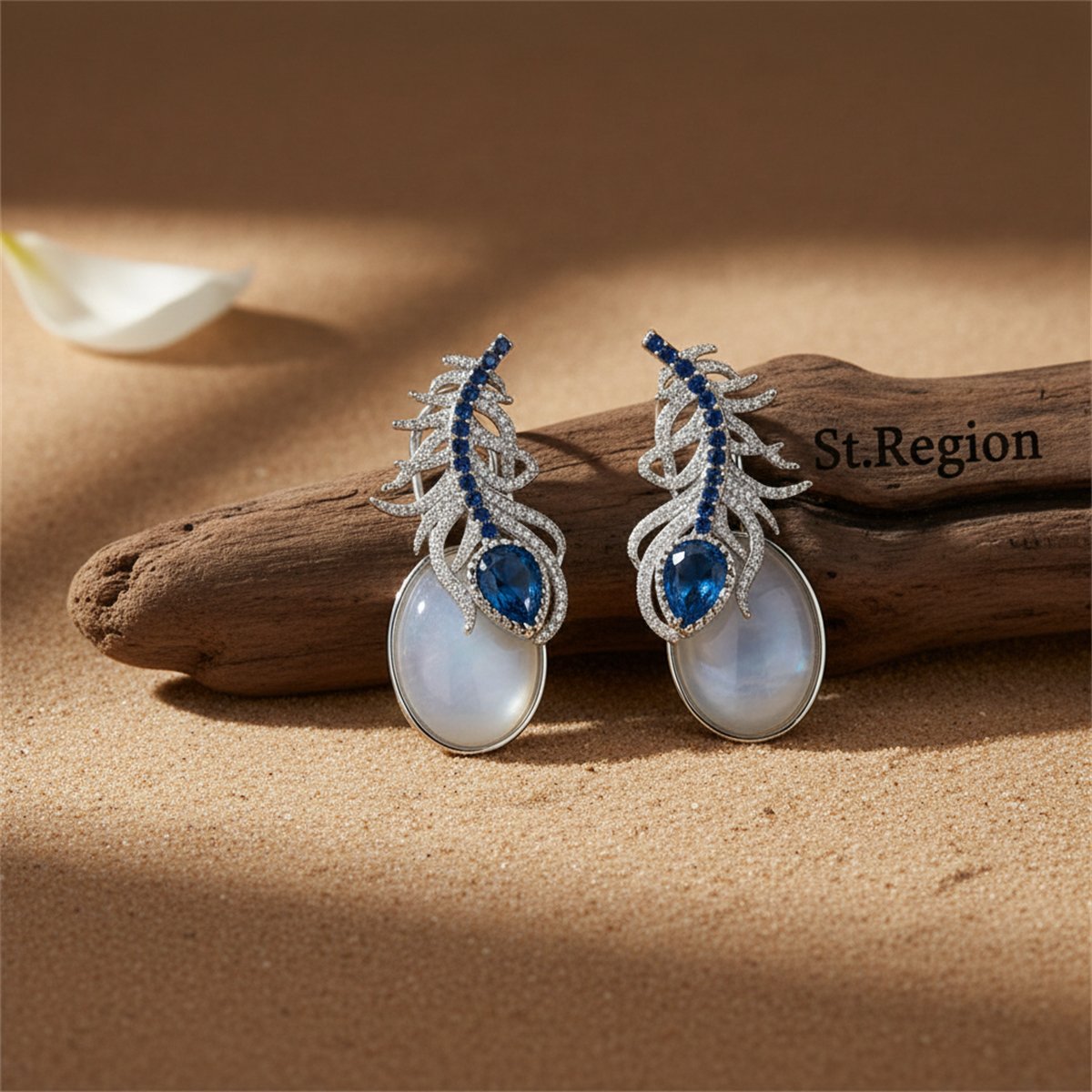 Cubic Zirconia and Blue Rhinestone Feather Pear-Cut Drop Earrings, huggie earrings, everyday style, front view