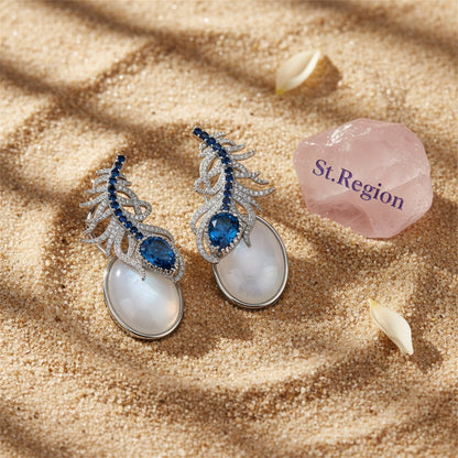 Cubic Zirconia and Blue Rhinestone Feather Pear-Cut Drop Earrings, huggie earrings, everyday style, detail close-up