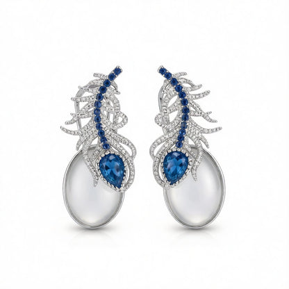 Cubic Zirconia and Blue Rhinestone Feather Pear-Cut Drop Earrings, huggie earrings, everyday style, side view