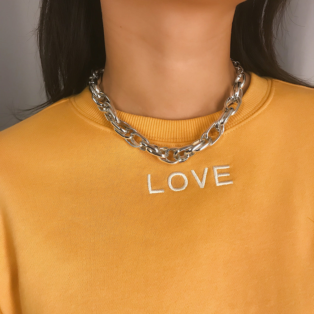 Silver-Plated Crossing Chain Choker Necklace, chunky silver choker necklace, dainty minimalist design, front view