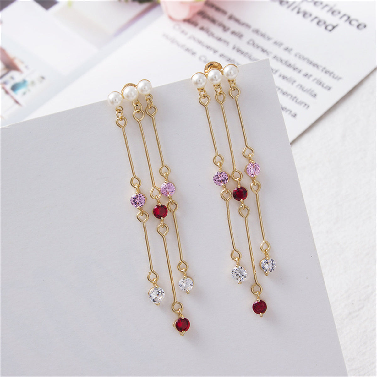Pearl & Pink Cubic Zirconia 18K Gold-Plated Tassel Trio Drop Earrings