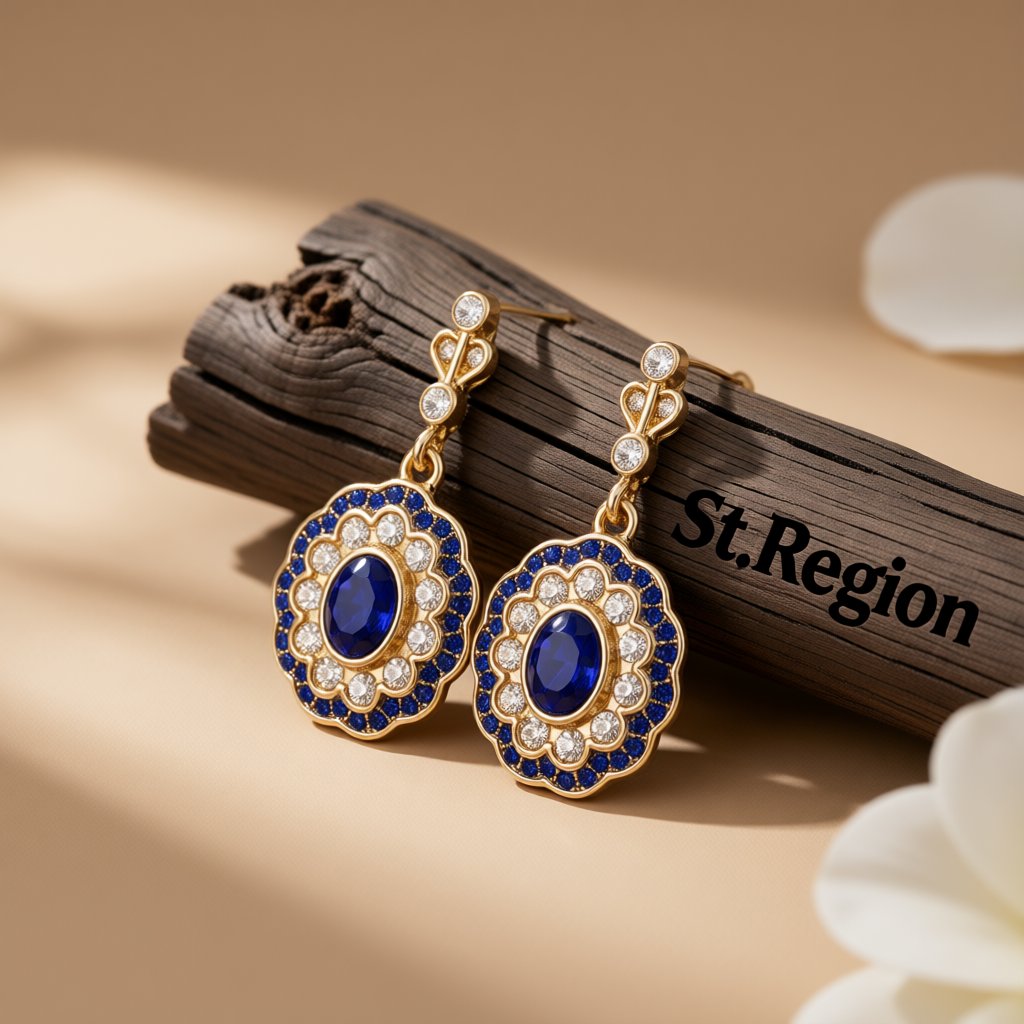 Blue Crystal and Cubic Zirconia Floral Oval Halo Drop Earrings, drop earrings for women, botanical inspired, front view