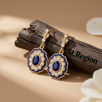 Blue Crystal and Cubic Zirconia Floral Oval Halo Drop Earrings, drop earrings for women, botanical inspired, front view