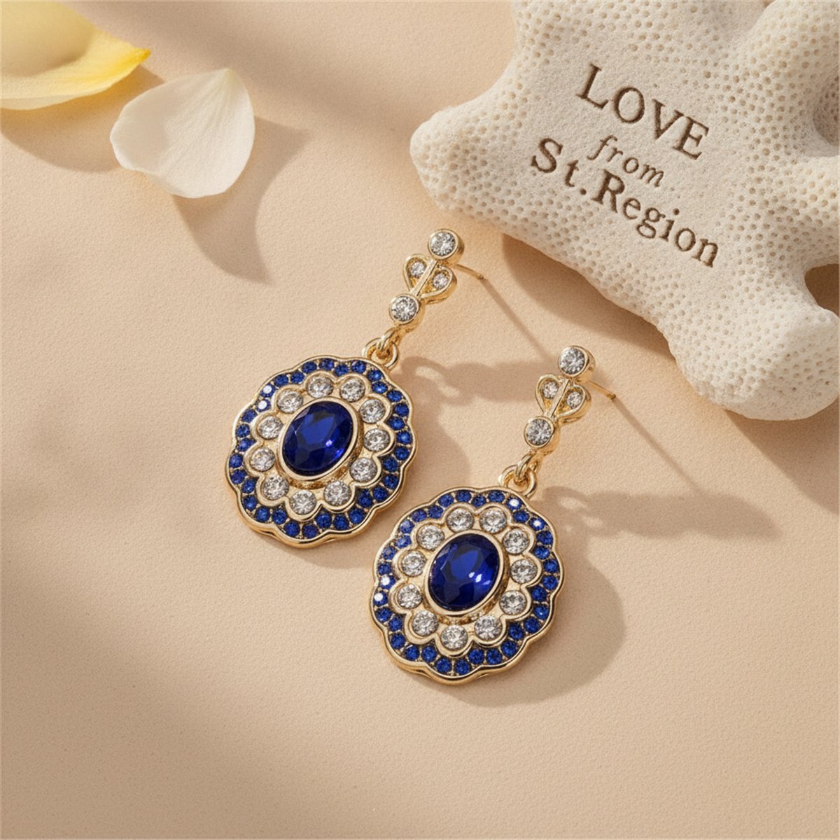 Blue Crystal and Cubic Zirconia Floral Oval Halo Drop Earrings, drop earrings for women, botanical inspired, lifestyle look