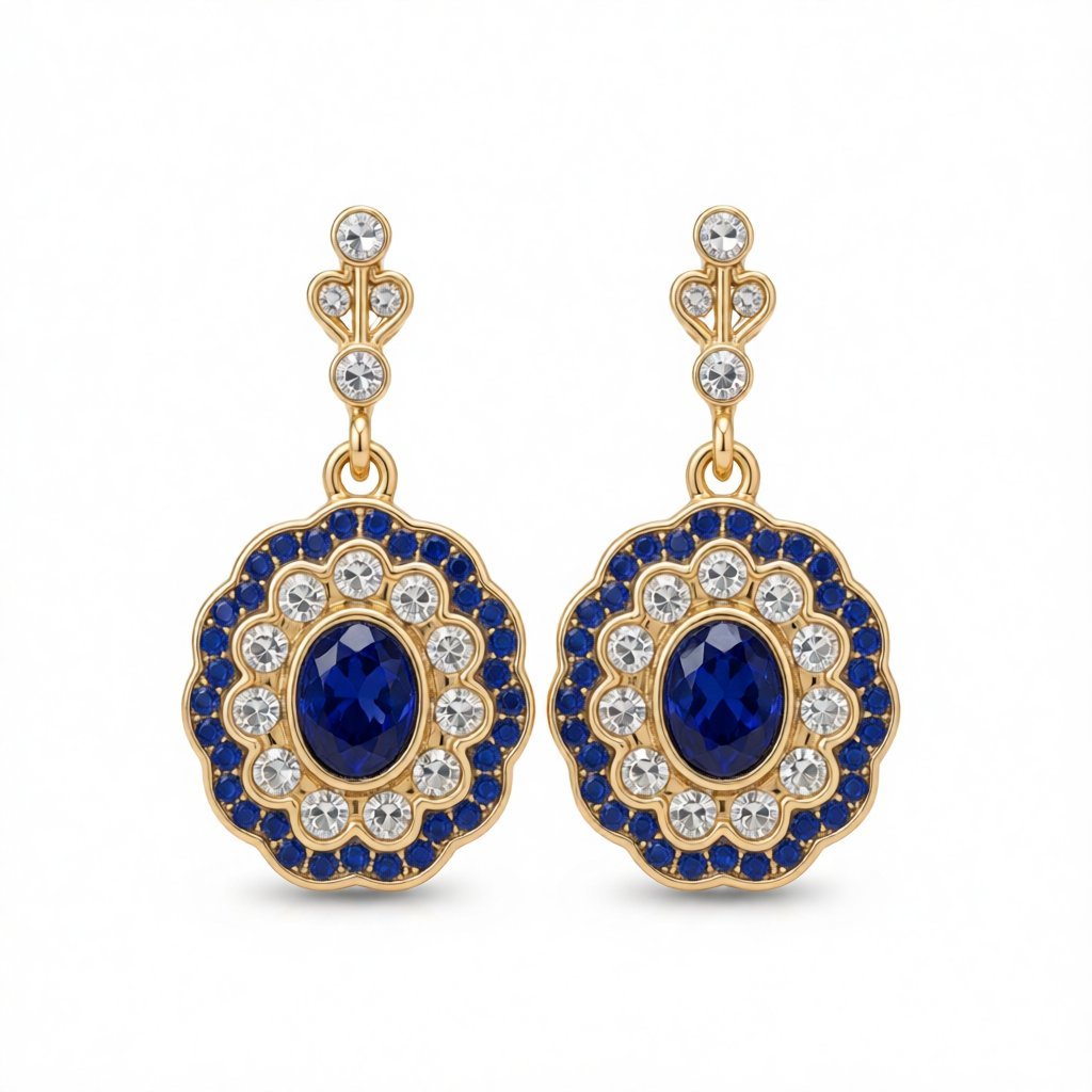 Blue Crystal and Cubic Zirconia Floral Oval Halo Drop Earrings, drop earrings for women, botanical inspired, side view