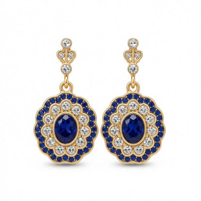 Blue Crystal and Cubic Zirconia Floral Oval Halo Drop Earrings, drop earrings for women, botanical inspired, side view