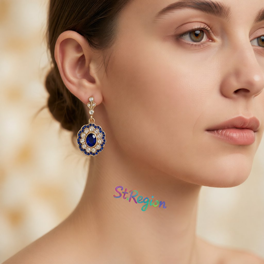 Blue Crystal and Cubic Zirconia Floral Oval Halo Drop Earrings, drop earrings for women, botanical inspired, styled look