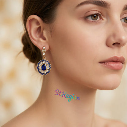 Blue Crystal and Cubic Zirconia Floral Oval Halo Drop Earrings, drop earrings for women, botanical inspired, styled look