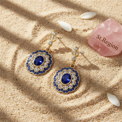 Blue Crystal and Cubic Zirconia Floral Oval Halo Drop Earrings, drop earrings for women, botanical inspired, detail close-up