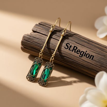Green Crystal and 18K Gold-Plated Textured Drop Earrings, gold drop earrings for women, botanical inspired, front view