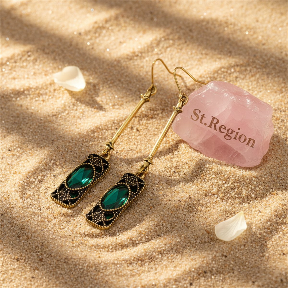 Green Crystal and 18K Gold-Plated Textured Drop Earrings, gold drop earrings for women, botanical inspired, detail close-up