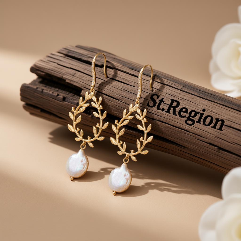 Pearl and 18K Gold-Plated Botany Drop Earrings, gold drop earrings for women, dainty minimalist design, front view