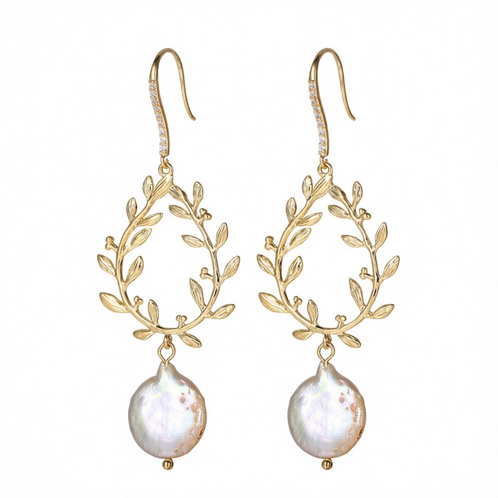 Pearl and 18K Gold-Plated Botany Drop Earrings, gold drop earrings for women, dainty minimalist design, side view