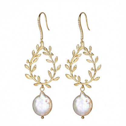 Pearl and 18K Gold-Plated Botany Drop Earrings, gold drop earrings for women, dainty minimalist design, side view