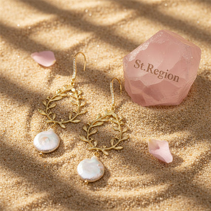 Pearl and 18K Gold-Plated Botany Drop Earrings, gold drop earrings for women, dainty minimalist design, detail close-up