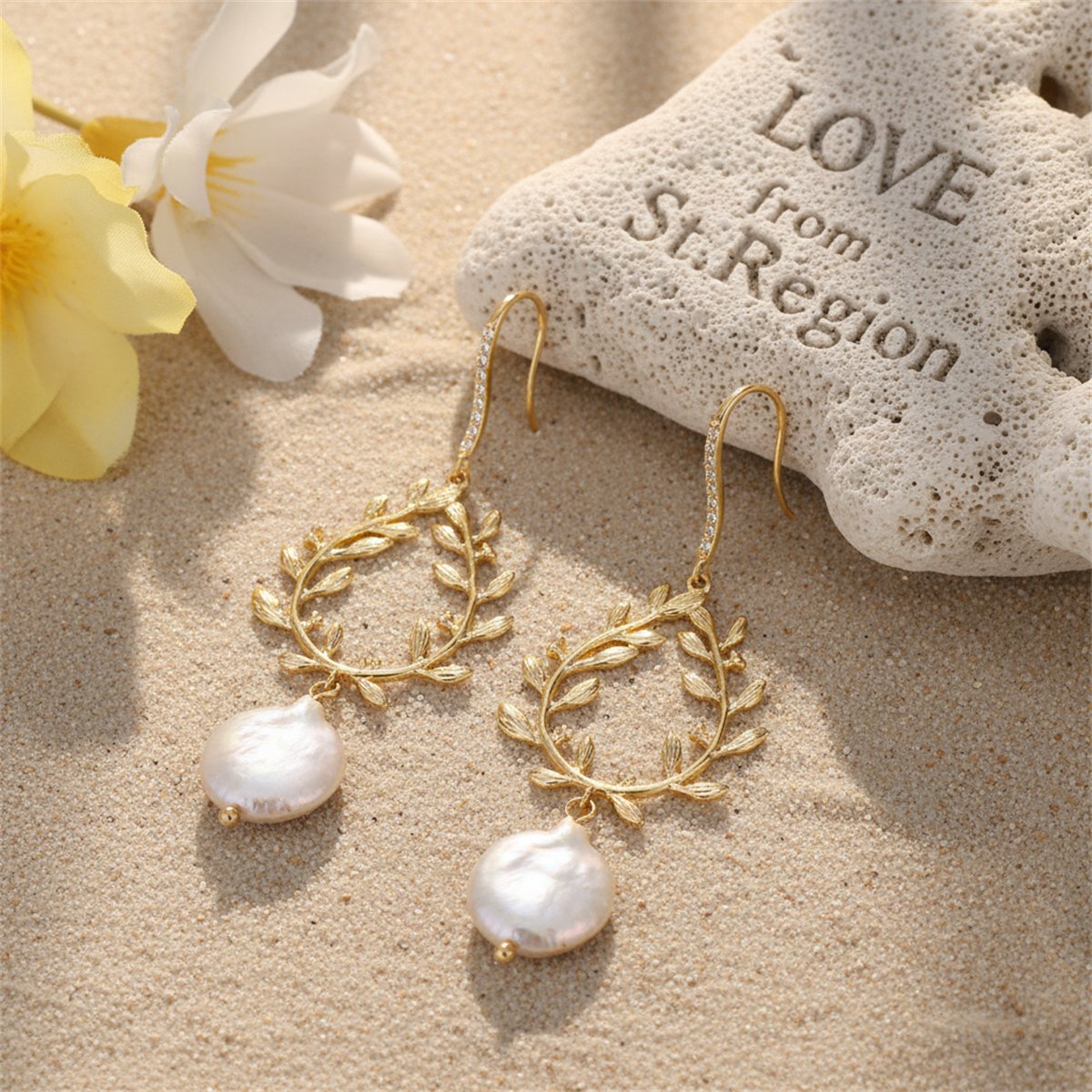 Pearl and 18K Gold-Plated Botany Drop Earrings, gold drop earrings for women, dainty minimalist design, lifestyle look