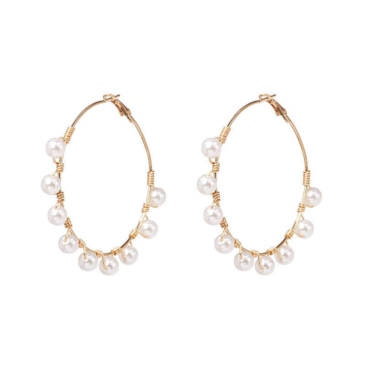Pearl and 18K Gold-Plated Hoop Earrings, vintage-inspired design, front view