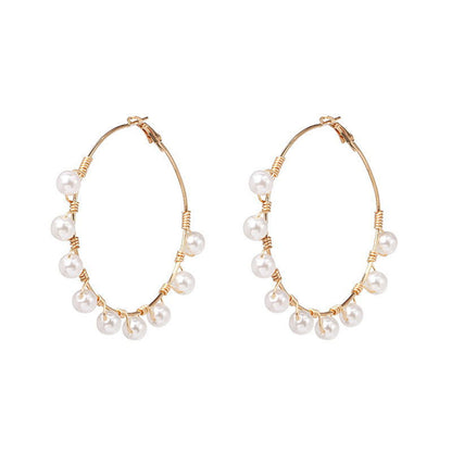 Pearl and 18K Gold-Plated Hoop Earrings, vintage-inspired design, front view