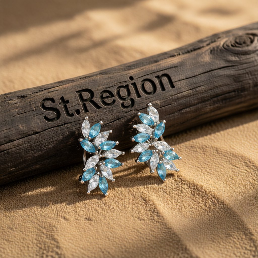 Blue and White Crystal Wing Marquise-Cut Stud Earrings, huggie earrings, botanical inspired, front view