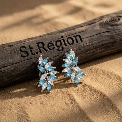 Blue and White Crystal Wing Marquise-Cut Stud Earrings, huggie earrings, botanical inspired, front view