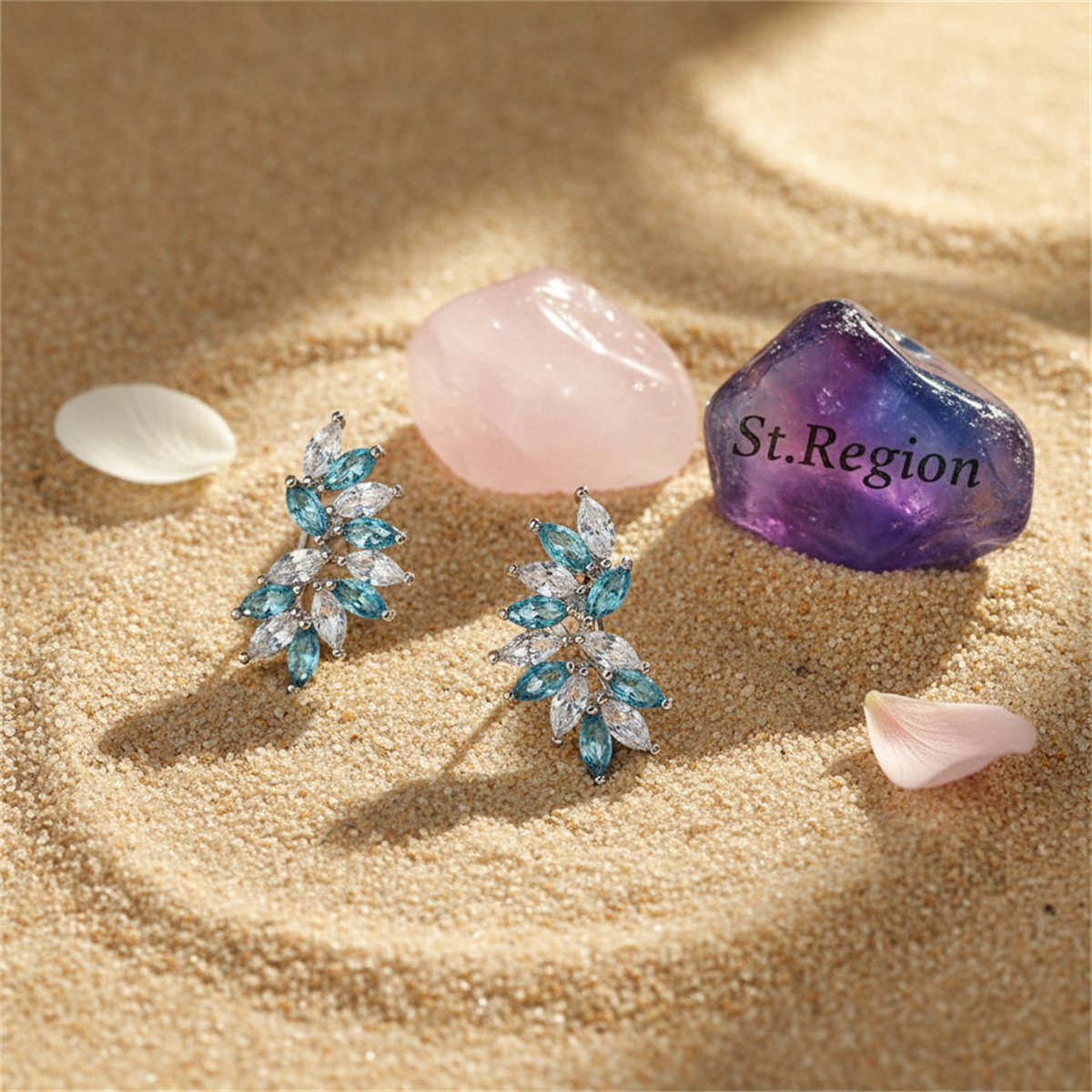 Blue and White Crystal Wing Marquise-Cut Stud Earrings, huggie earrings, botanical inspired, detail close-up