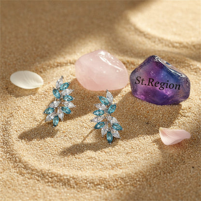 Blue and White Crystal Wing Marquise-Cut Stud Earrings, huggie earrings, botanical inspired, detail close-up