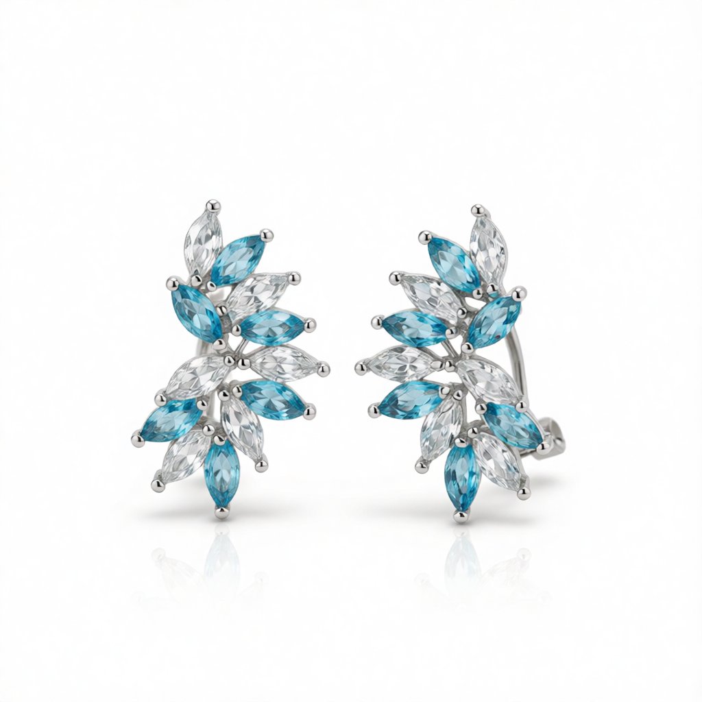 Blue and White Crystal Wing Marquise-Cut Stud Earrings, huggie earrings, botanical inspired, side view