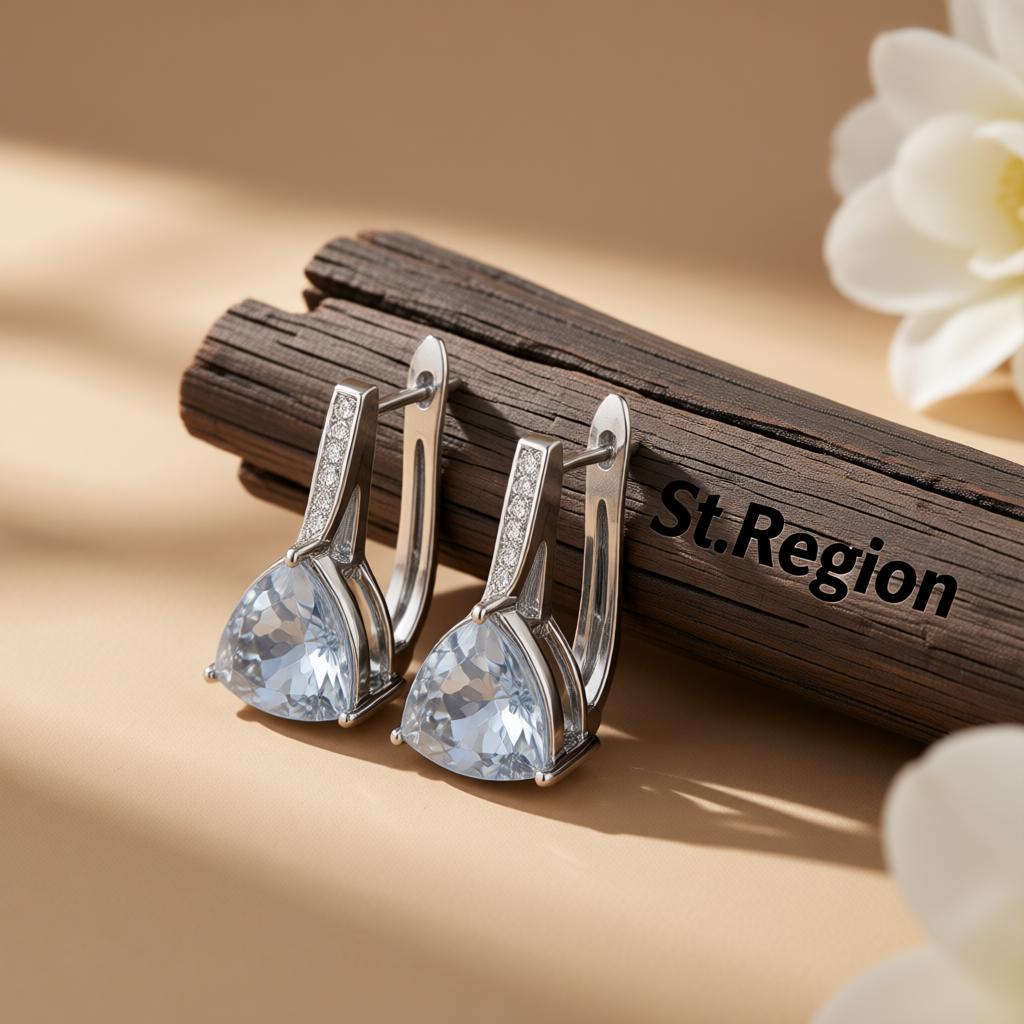 Sea Blue Crystal and Cubic Zirconia Triangle Huggie Earrings, huggie earrings, dainty minimalist design, front view