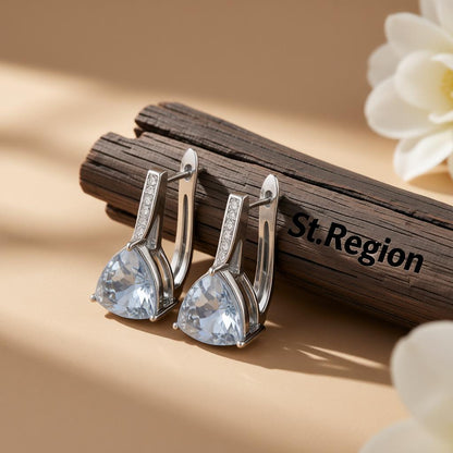 Sea Blue Crystal and Cubic Zirconia Triangle Huggie Earrings, huggie earrings, dainty minimalist design, front view