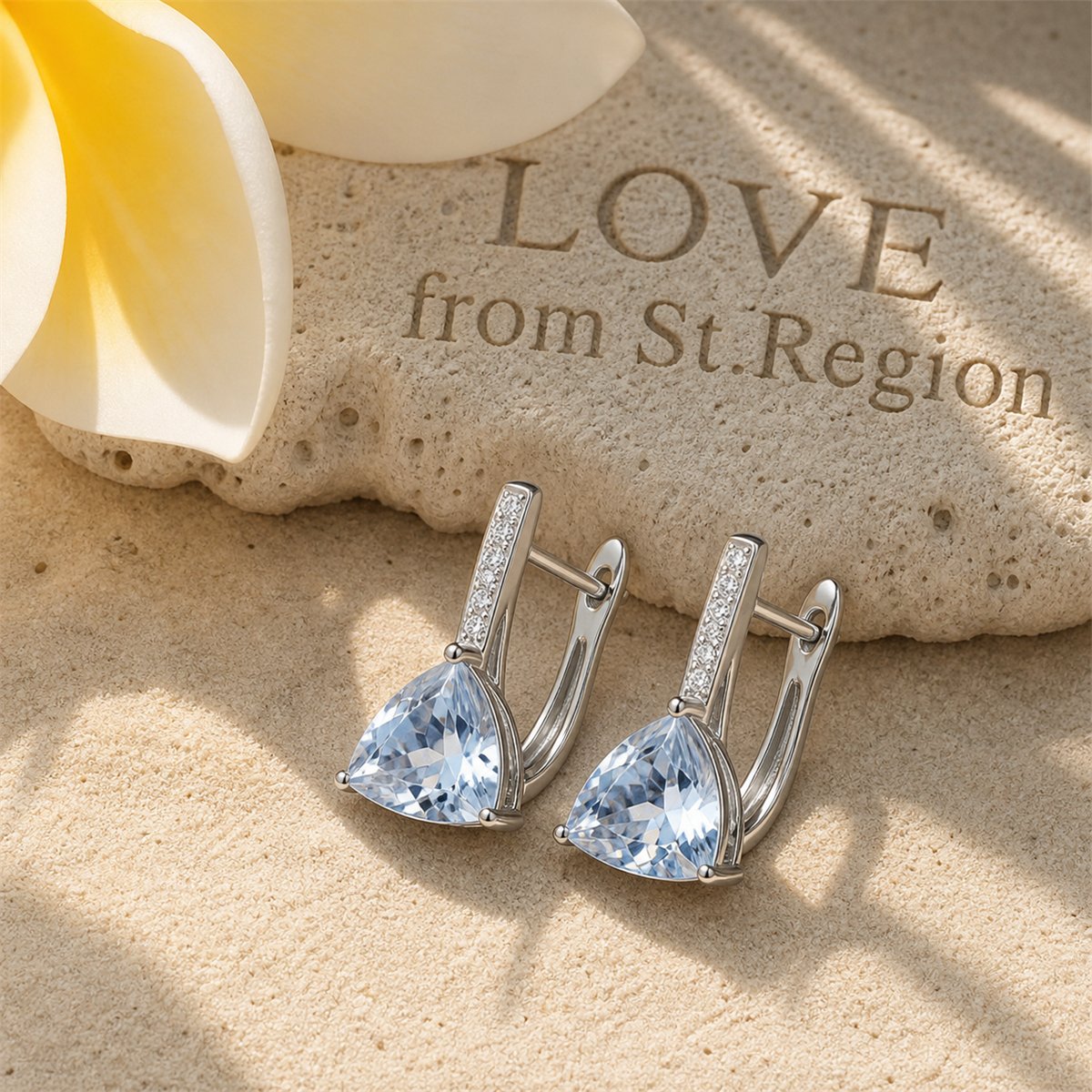 Sea Blue Crystal and Cubic Zirconia Triangle Huggie Earrings, huggie earrings, dainty minimalist design, lifestyle look