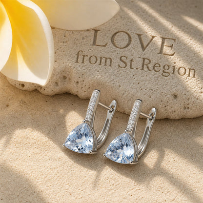 Sea Blue Crystal and Cubic Zirconia Triangle Huggie Earrings, huggie earrings, dainty minimalist design, lifestyle look