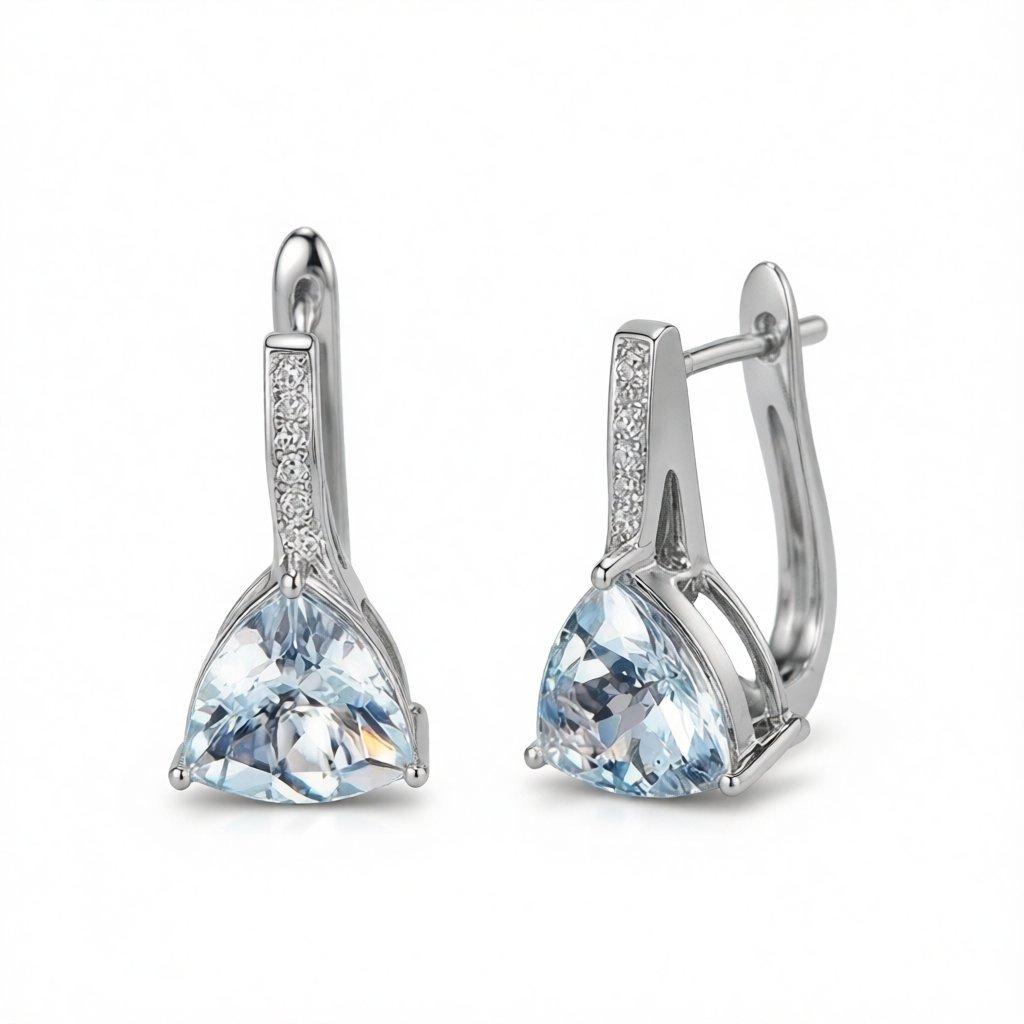 Sea Blue Crystal and Cubic Zirconia Triangle Huggie Earrings, huggie earrings, dainty minimalist design, side view