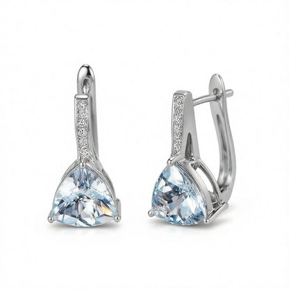 Sea Blue Crystal and Cubic Zirconia Triangle Huggie Earrings, huggie earrings, dainty minimalist design, side view