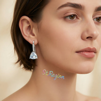 Sea Blue Crystal and Cubic Zirconia Triangle Huggie Earrings, huggie earrings, dainty minimalist design, styled look