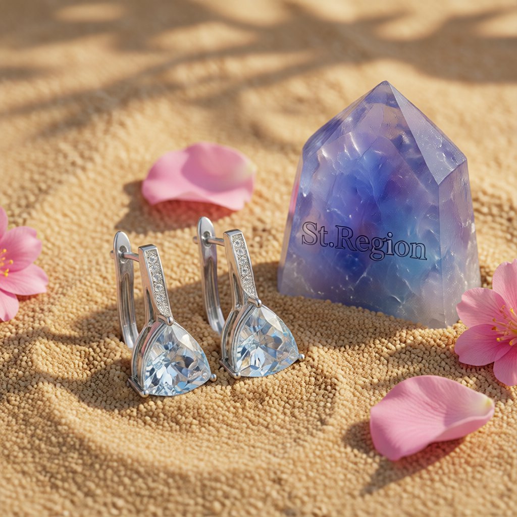 Sea Blue Crystal and Cubic Zirconia Triangle Huggie Earrings, huggie earrings, dainty minimalist design, detail close-up