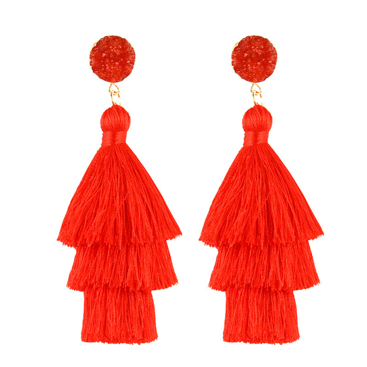Red Tri-Layered Tassel Drop Earrings, drop earrings for women, elegant gift for her, front view