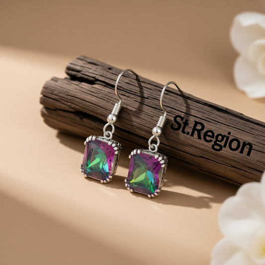 Crystal and Silver-Plated Princess-Cut Drop Earrings, silver drop earrings for women, elegant gift for her, front view