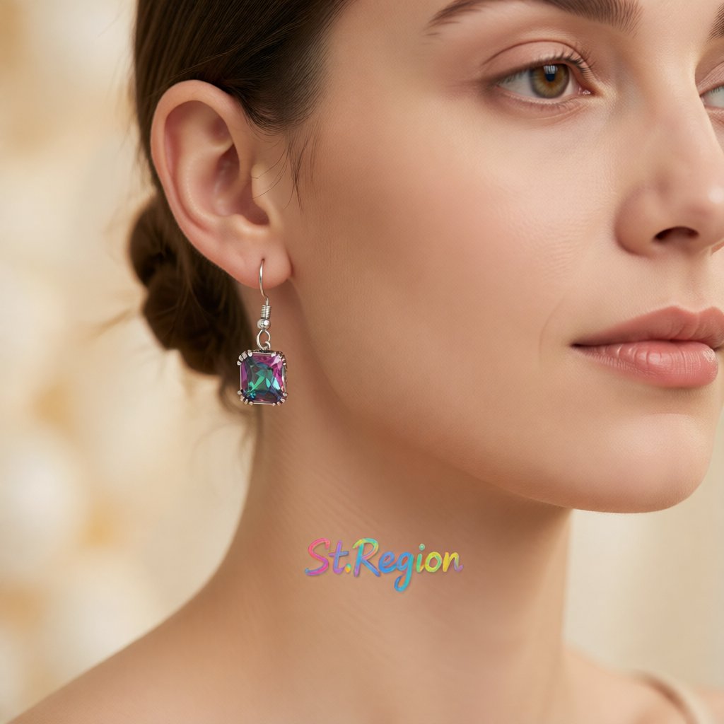 Crystal and Silver-Plated Princess-Cut Drop Earrings, silver drop earrings for women, elegant gift for her, styled look