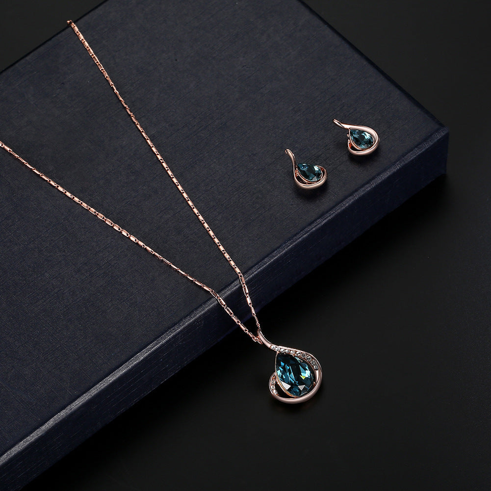 Blue Crystal & Cubic Zirconia 18K Rose Gold-Plated Pear Pendant Necklace & Drop Earrings