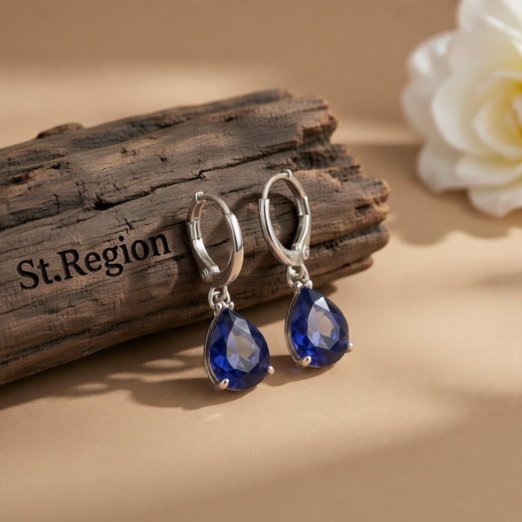 Navy Crystal and Silver-Plated Teardrop Earrings, silver huggie earrings, dainty minimalist design, front view